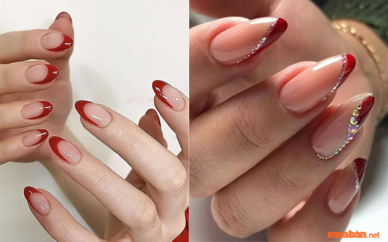 Mẫu nail màu đỏ rượu french đầu móng kiểu chéo