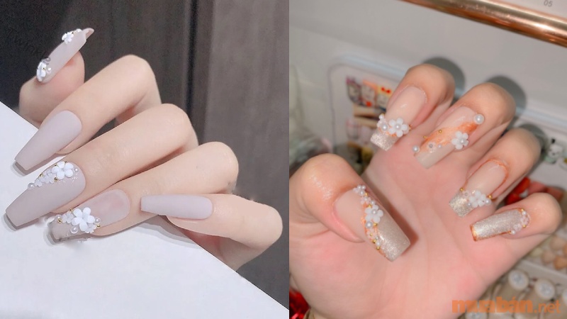 Mẫu nail cô dâu đơn giản đính hoa nhí