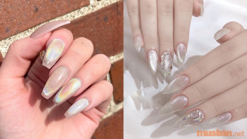 Mẫu nail mắt mèo màu trắng trên form móng dài