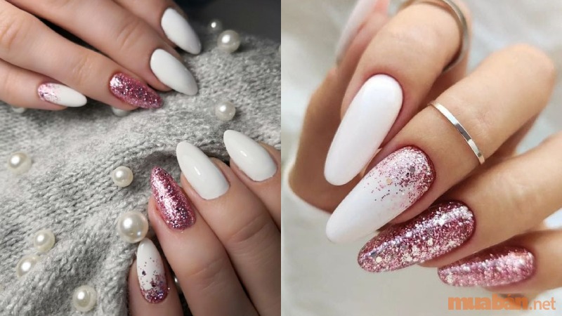 Mẫu nail màu trắng phối nhũ hồng