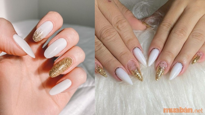 Mẫu nail trắng phối nhũ vàng