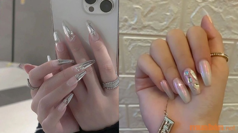 Mẫu nail tráng gương ngọc trai đính đá