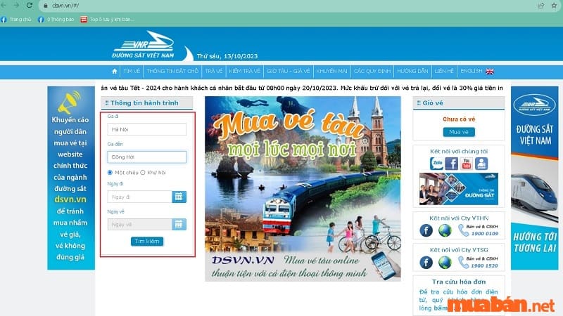 Vào website để đặt vé tàu Hà Nội Quảng Bình