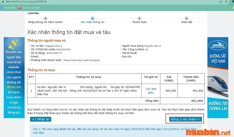 Điền và kiểm tra các thông tin vé tàu Hà Nội Quảng Bình