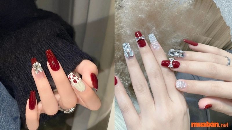 Mẫu nail đỏ đính đá 2