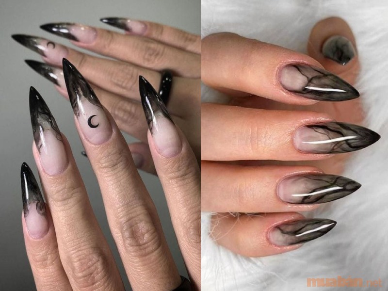 Mẫu nail ombre màu đen kết hợp vẽ hoạ tiết