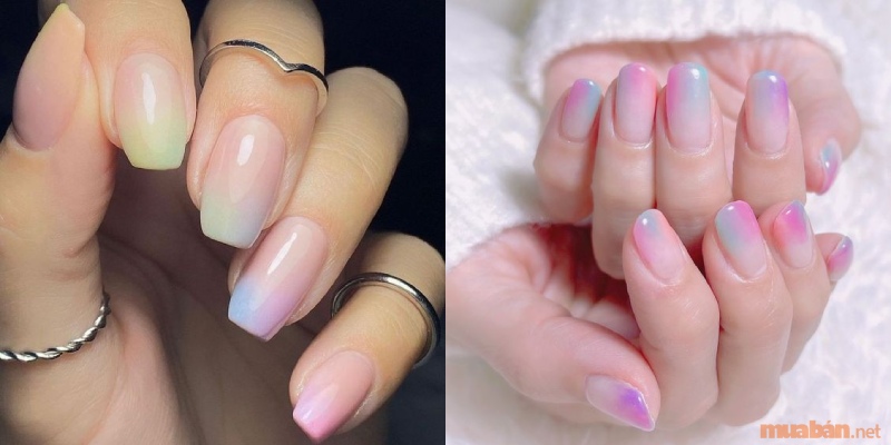 Mẫu nail ombre màu xanh hồng kết hợp với một số màu sắc khác