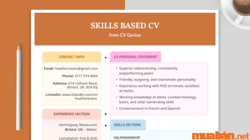 Bố cục và cách viết CV English Teacher - Skills