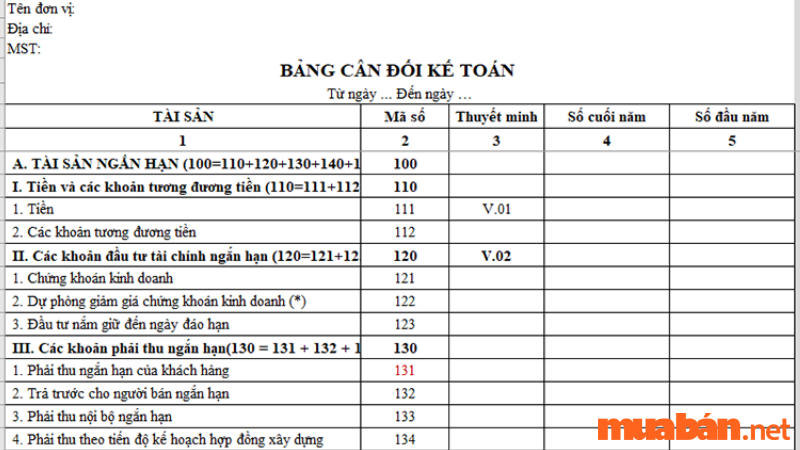 Mẫu bảng cân đối kế toán mới nhất