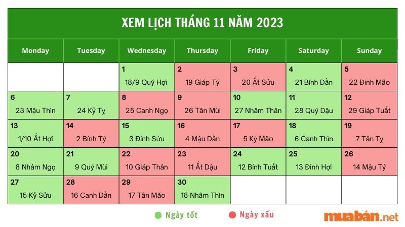 Ngày tốt, ngày xấu trong tháng 11/2023