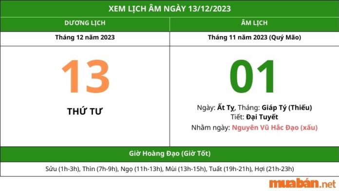 Xem lịch âm hôm nay ngày 13 tháng 12 năm 2023