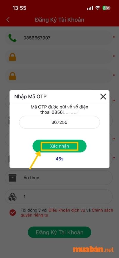 Nhập mã OTP và chọn xác nhận