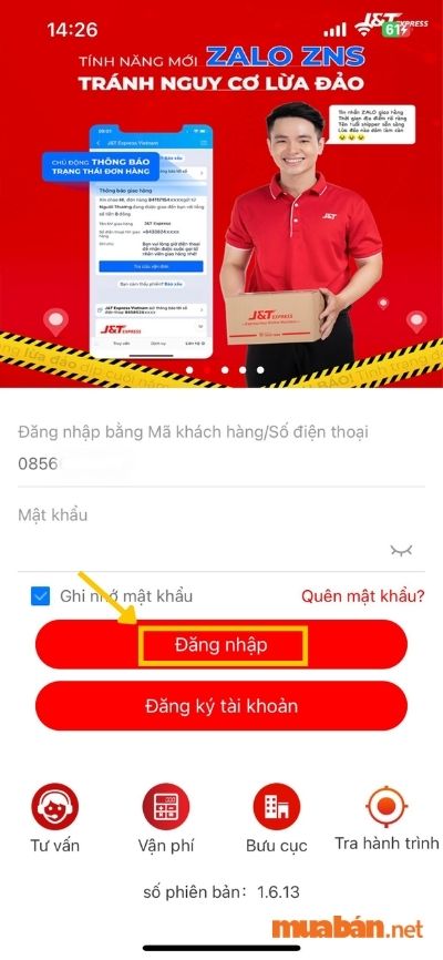 Đăng nhập để bắt đầu sử dụng app J&T Express