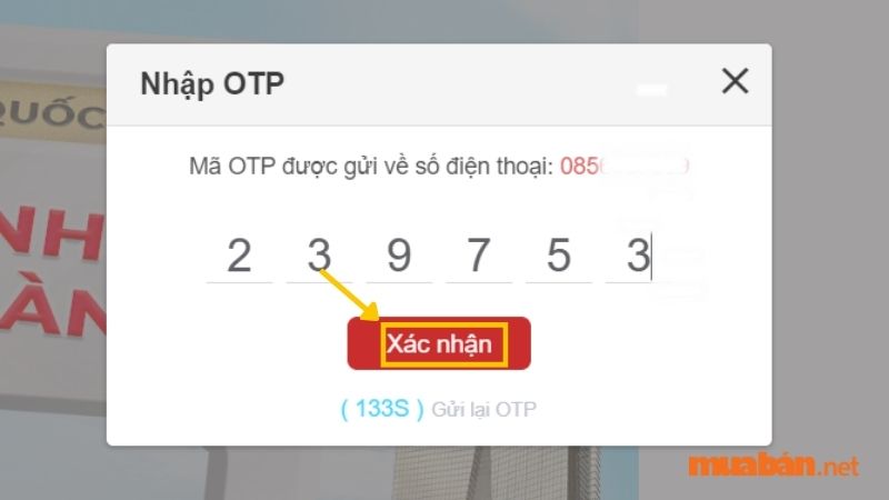 Nhập mã OTP và chọn xác nhận