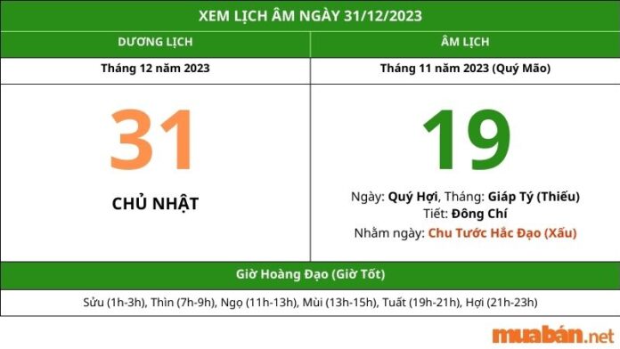 Xem lịch âm hôm nay ngày 31/12/2023