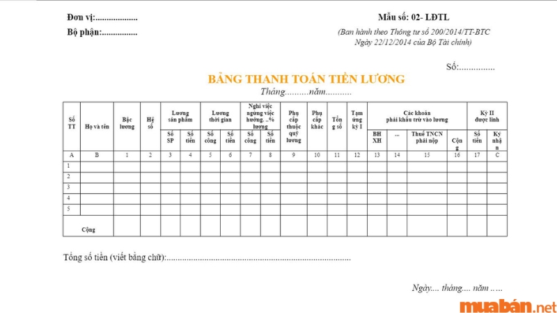 Mẫu thanh toán tiền lương nhân viên