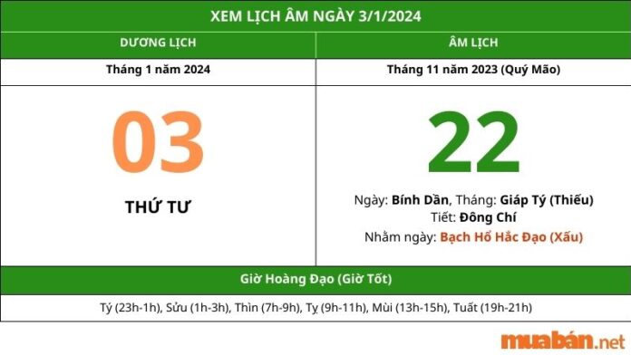 Xem lịch âm hôm nay ngày 3/1/2024