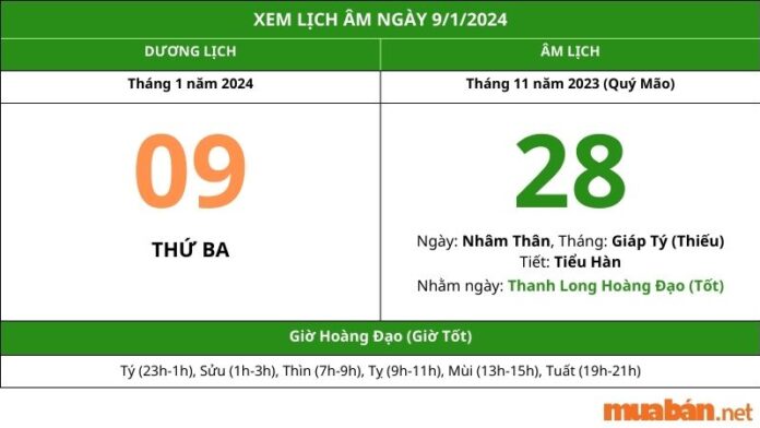 Xem lịch âm hôm nay ngày 9/1/2024