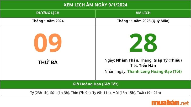 Xem lịch âm hôm nay ngày 9/1/2024