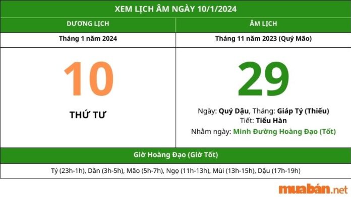 Xem lịch âm hôm nay ngày 10/1/2024