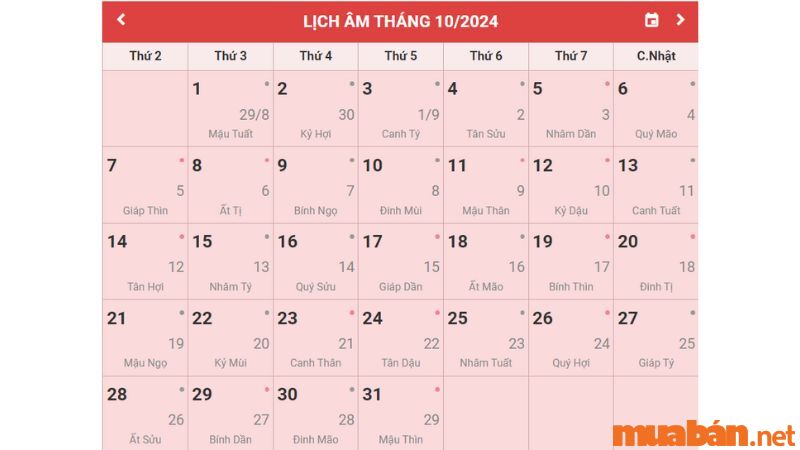 Lịch âm tháng 10 năm 2024 - Xem lịch âm để xây nhà, cưới hỏi, sinh con