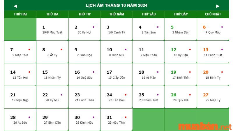 Xem lịch âm tháng 10 năm 2024