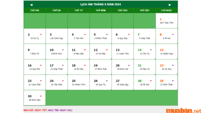 lịch âm tháng 9 năm 2024