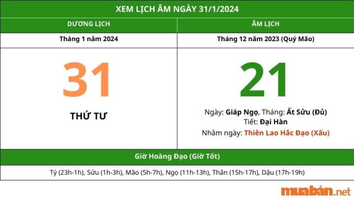 Xem lịch âm hôm nay ngày 31/1/2024