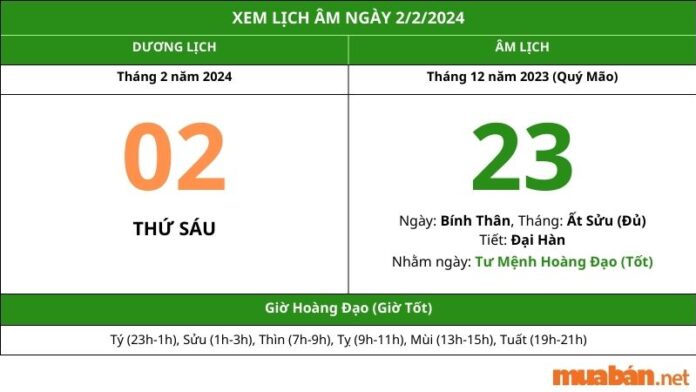 Xem lịch âm hôm nay ngày 2/2/2024