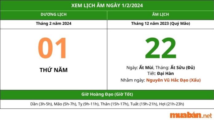 Xem lịch âm hôm nay ngày 1/2/2024