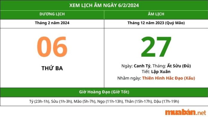 Xem lịch âm hôm nay ngày 6/2/2024