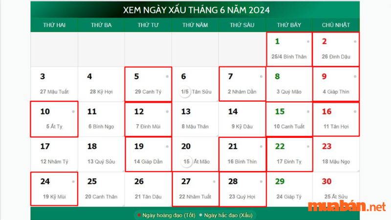 Ngày xấu theo lịch âm 6/2024