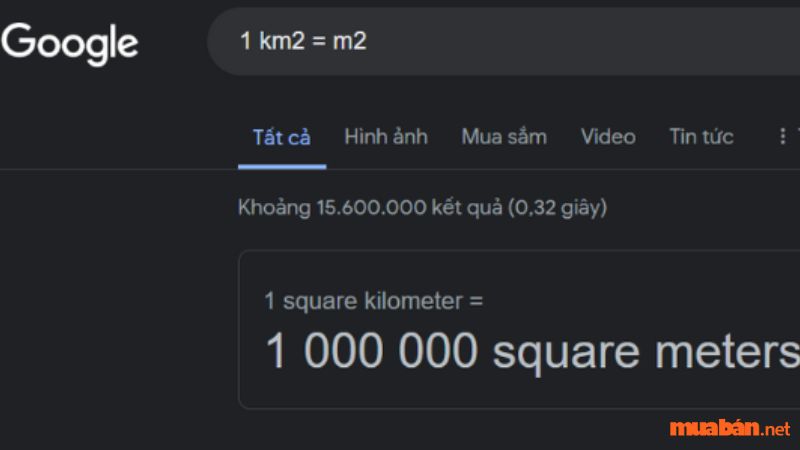 Sử dụng Google search để quy đổi 1 km2 sang m2, cm2, mm2