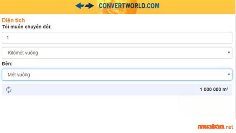 Sử dụng công cụ online trên convertworld.com để quy đổi 1 km2 sang m2, cm2, mm2