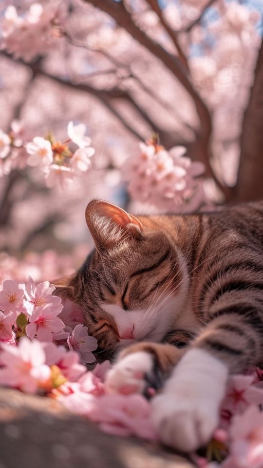 Hình nền mèo ngủ dưới cây hoa anh đào 