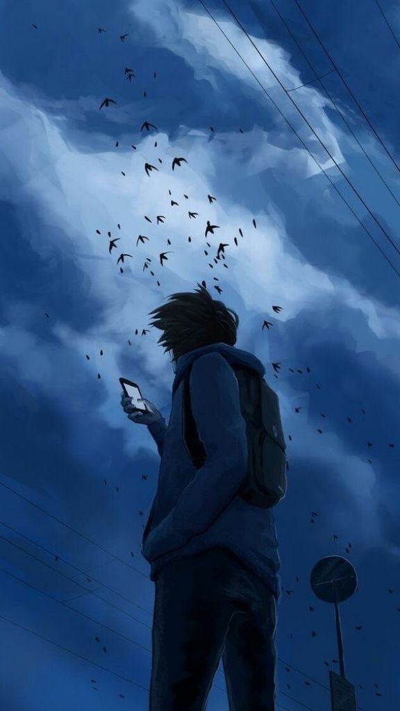 Hình nền Anime chàng trai đứng dưới bầu trời xanh buồn