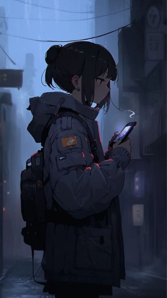 Hình nền buồn Anime cô gái cầm điện thoại