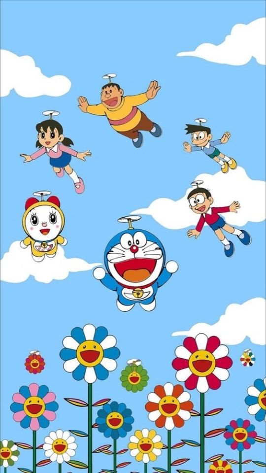 Hình nền Doraemon và các bạn đang bay lượn trên bầu trời 