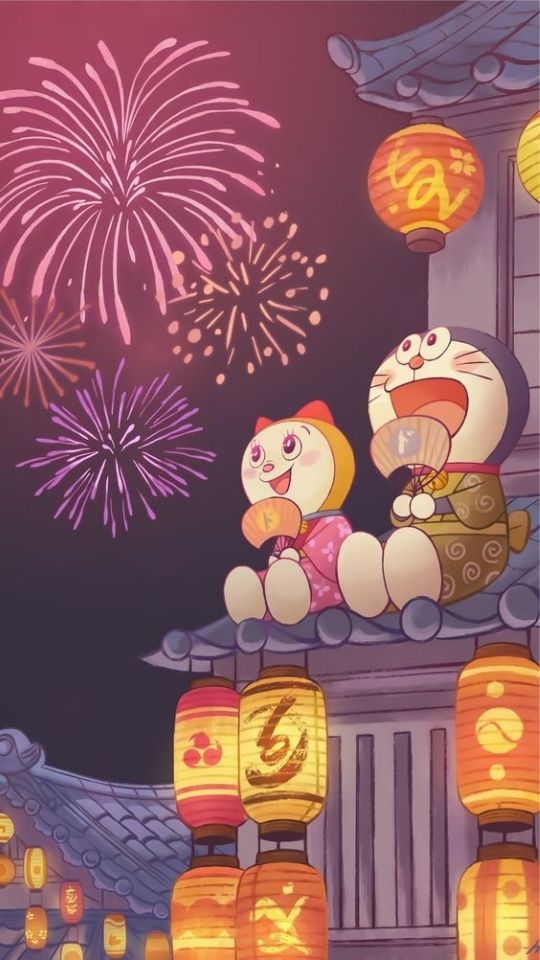 Doraemon và em gái Doremi đang ngắm pháo hoa 