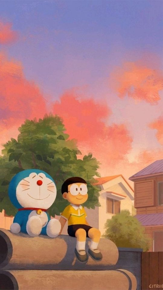 Doraemon ngắm hoàng hôn cùng Nobita ngoài sân bóng chày 