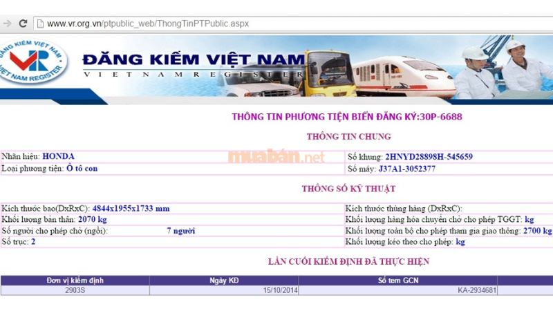 Kết quả kiểm tra biển số ô tô trên Cục Đăng kiểm Việt Nam