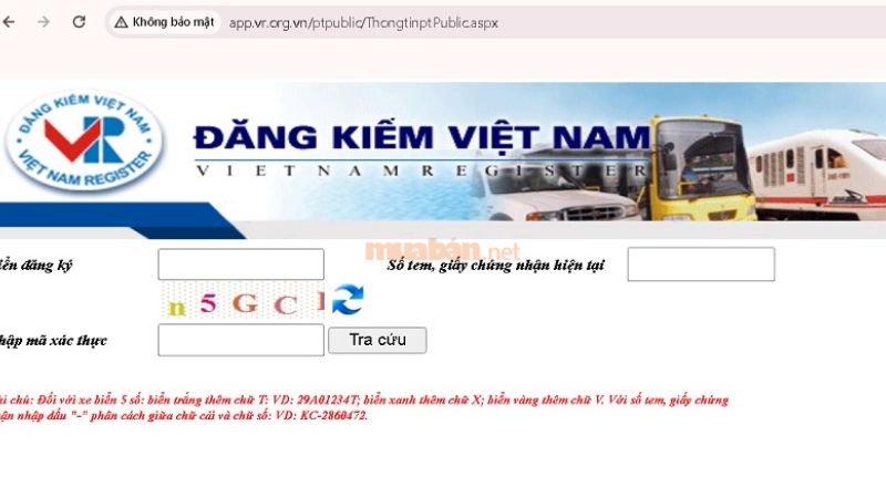 Giao diện của website Đăng kiểm Việt Nam