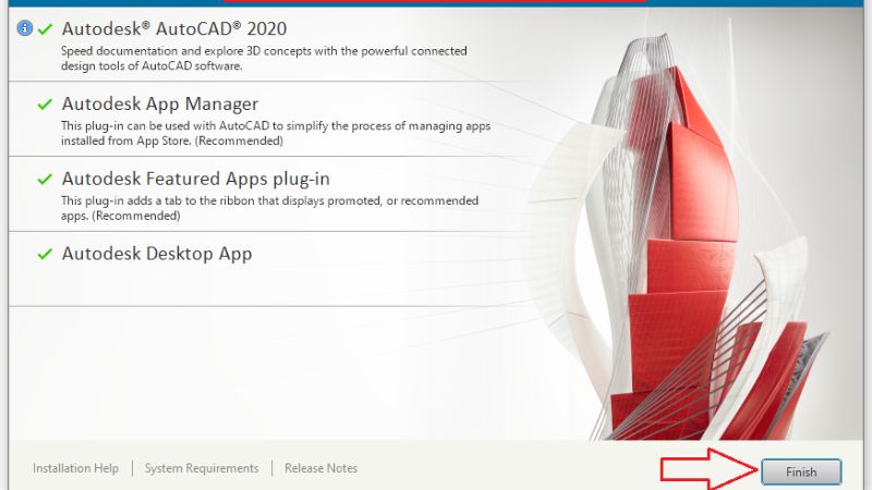 Nhấn finish để hoàn thành cài đặt phần mềm AutoCad