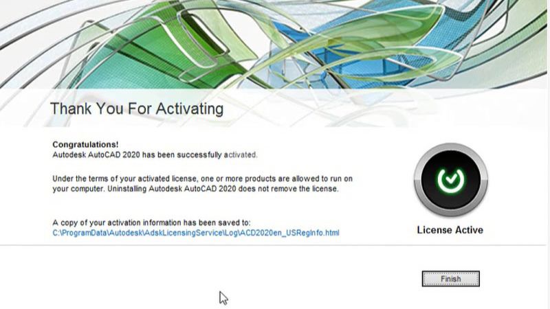 Chọn finish để hoàn thành công đoạn crack phần mêm Autocad