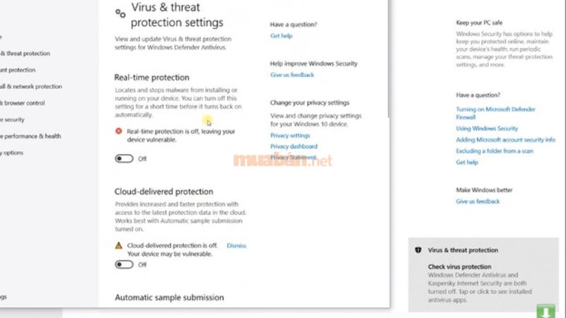 Chuyển “Virus & threat protection settings” về chế độ Off