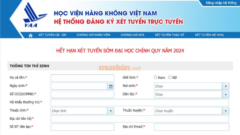 Giao diện trang web của Học viện Hàng không khi đăng ký trực tuyến