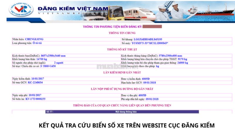 Website của Cục Đăng kiểm Việt Nam sẽ trả lại kết quả tra cứu nếu người dùng nhập đúng và đủ thông tin