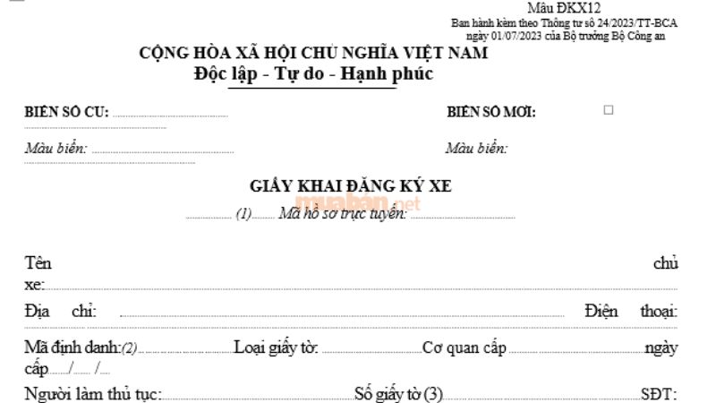 Mẫu giấy khai đăng ký xe