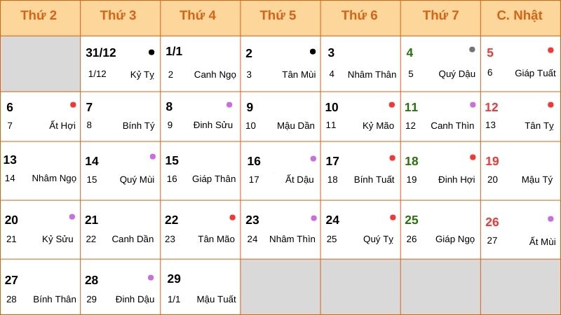 Lịch âm tháng 12 trong năm 2024