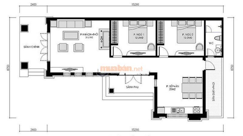 Bản vẽ nhà cấp 4 mái bằng 3 phòng ngủ chữ L 